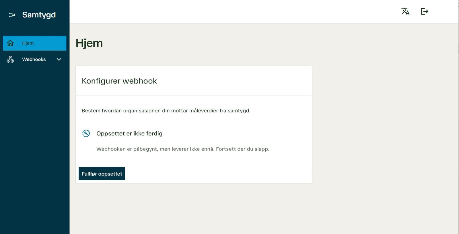 SAMTYGD-grensesnittet med sidemeny for hjem og webhooks, og et kort som veileder gjennom oppsettet av webhooken som mottar måleverdier.